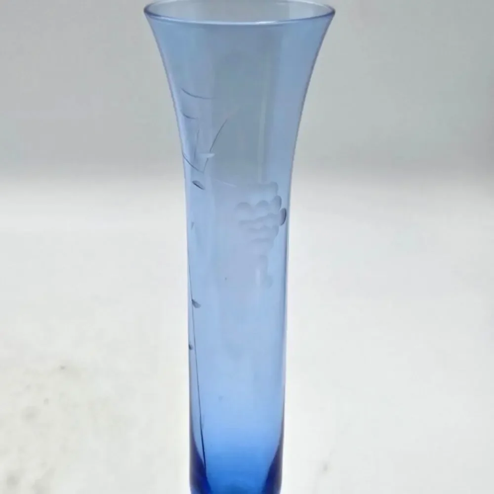 Vintage Blue Etched Grapes Fluted Footed Vase ruffled top 10